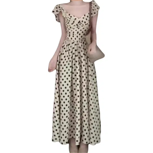 黛尔佳人 法式温柔荷叶边波点女学生夏季款收腰显瘦绝美过膝长裙子吊带连衣裙 女款