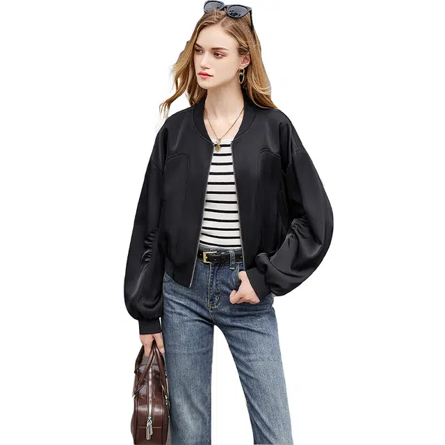 她池 宽松款落肩袖短款棒球领长袖夹克外套 女 黑色