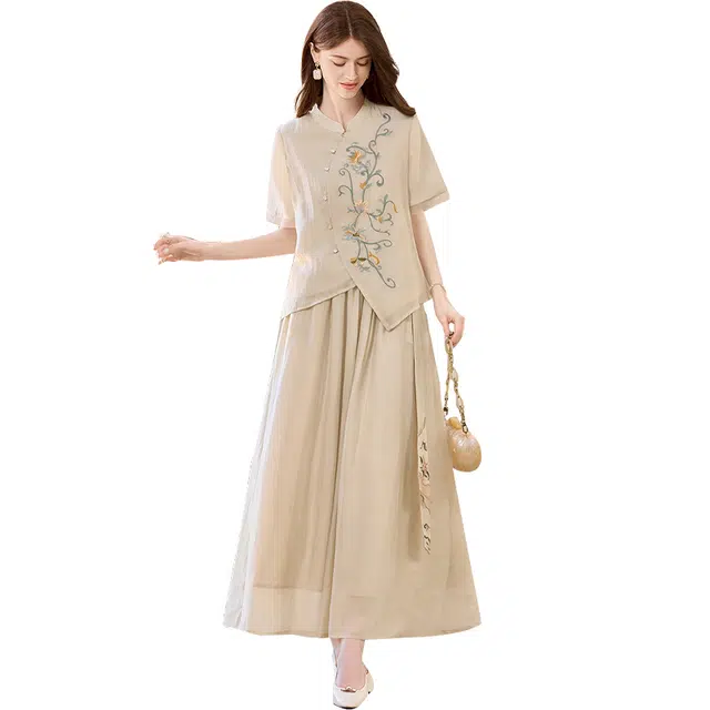 她池 短袖上衣搭半身裙两件套轻国风刺绣裙装套装 女款