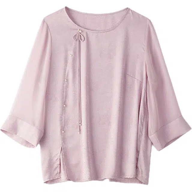 曲韩 雪纺纯色圆领七分袖衬衫 女款