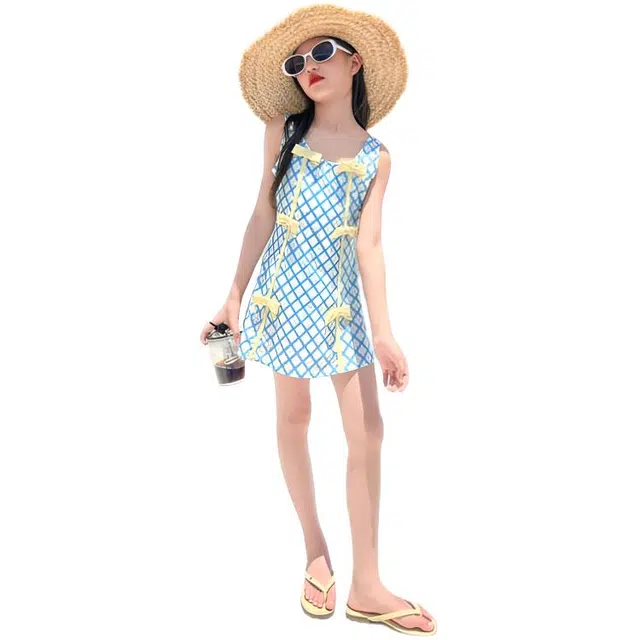 木木兔 夏季时髦洋气时尚女孩夏日蝴蝶结儿童连体泳衣裤