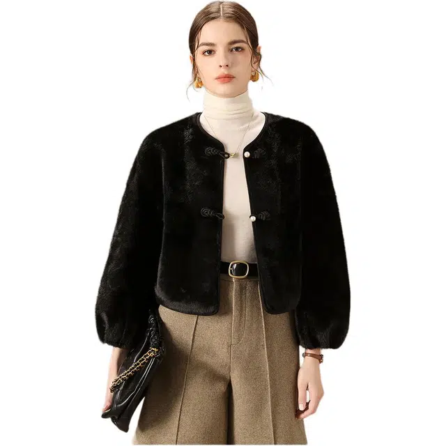 粉红玛琍 新中式国风圆领短款绒感外套 女款 黑色