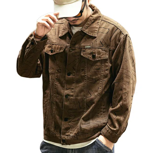 格蓝鹿 潮牌多口袋工装美式复古重磅印花重工水洗牛仔夹克外套 男女同款