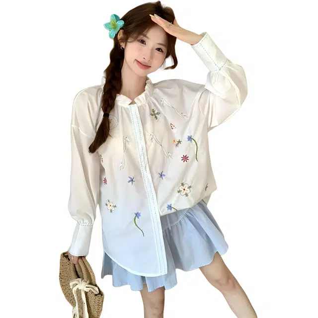 淑好百 甜美设计感夏季宽松防晒衬衣薄外套春秋法式单排扣长袖衬衫 女款 白色