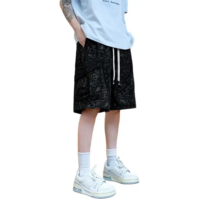 顶峰保罗 美式扎染工装薄款透气直筒五分裤冰丝凉感宽松华夫格设计感潮牌运动阔腿休闲短裤 男女同款