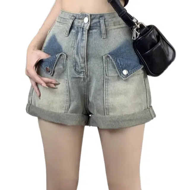 一碗士多 网红辣妹卷边夏季高腰别致设计感气质百搭阔腿裤女装牛仔短裤 女款