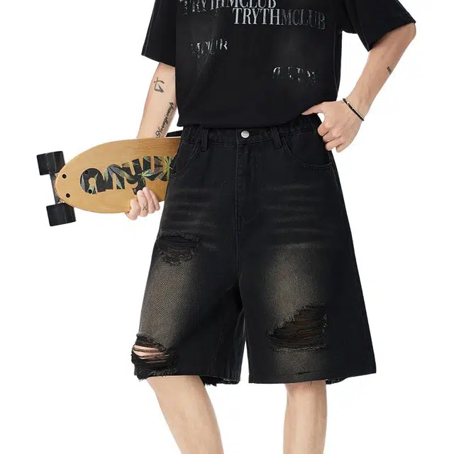 颂希尔 美式高街破洞设计高级感宽松休闲百搭帅气牛仔短裤 男女同款