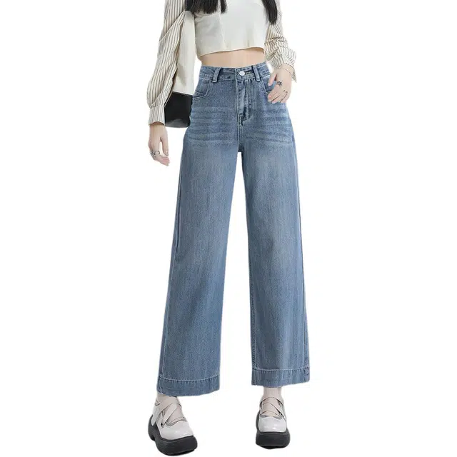 惟熙 阔腿高腰显瘦小个子八分牛仔裤 女款 浅蓝色