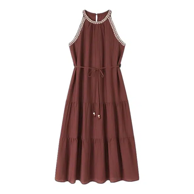 潞优野 假日风格气质显白红裙复古波西米亚无袖连衣裙 女款