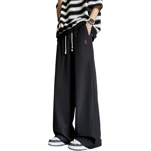 颂希尔 国风刺绣仿麻冰丝长裤子宽松垂感直筒拖地裤休闲裤 男女同款