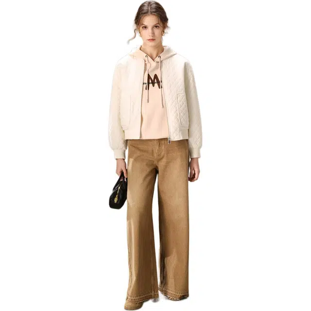 粉红玛琍 纯色保暖舒适长袖棉服 女款 米白