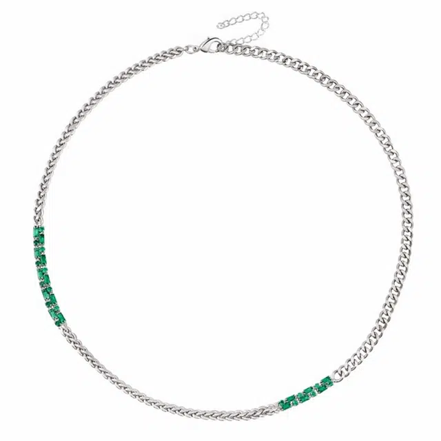 琅风 祖母绿拼接古巴链饰锆石高级设计感率性简约 钛钢 项链 男款