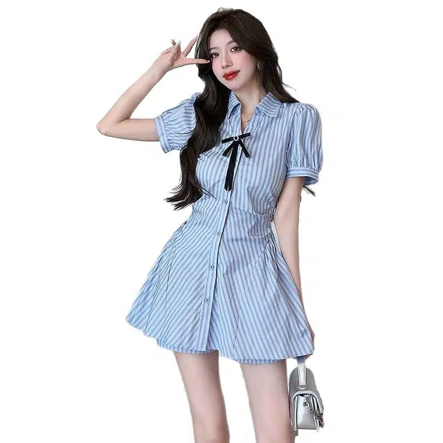 木清清 条纹高腰修身薄款衬衫领裙装套装套装 女款