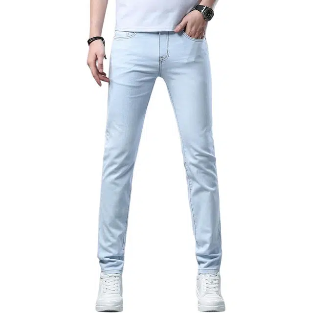 吉肯蒂 休闲高端潮牌薄款百搭弹力修身直筒牛仔裤 男款 浅蓝色