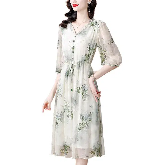 水中花 中年妈妈气质舒适简约优雅裙子短袖连衣裙 女款