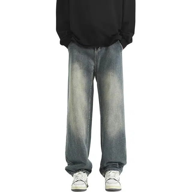 极限涡轮 潮牌美式街头做旧修身直筒水洗休闲阔腿牛仔裤 男女同款