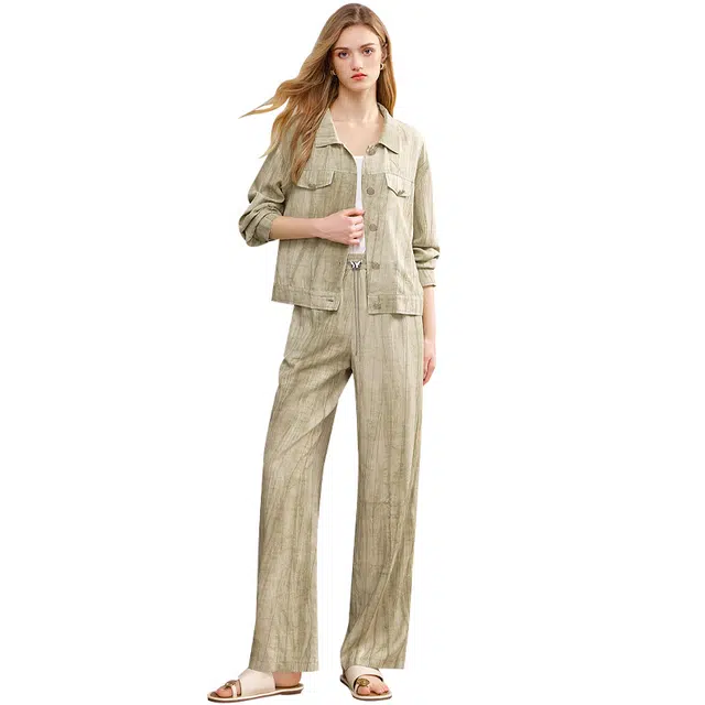 她池 时尚工装风长袖上衣百搭阔腿裤休闲套装 女款 花绿色