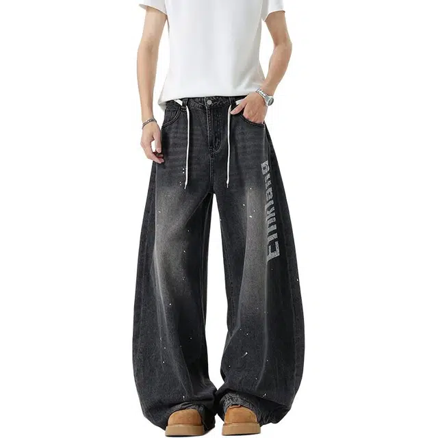 佐菲利 高街泼墨夏季美式潮牌做旧弯刀裤子复古百搭印花阔腿长裤牛仔裤 男款