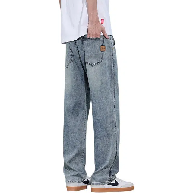 华夏儿女 美式宽松直筒薄款抗皱垂感牛仔裤 男女同款