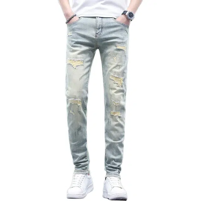 吉肯蒂 浅色薄款复古破洞痞帅流行百搭小脚裤长裤牛仔裤 男款