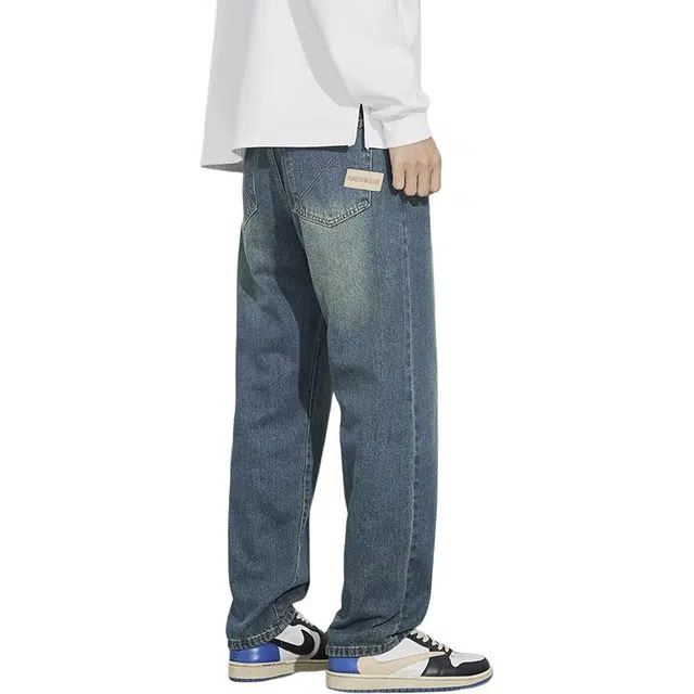 么宁 美式高街水洗简约百搭宽松直筒舒适透气个性痞帅牛仔裤 男女同款