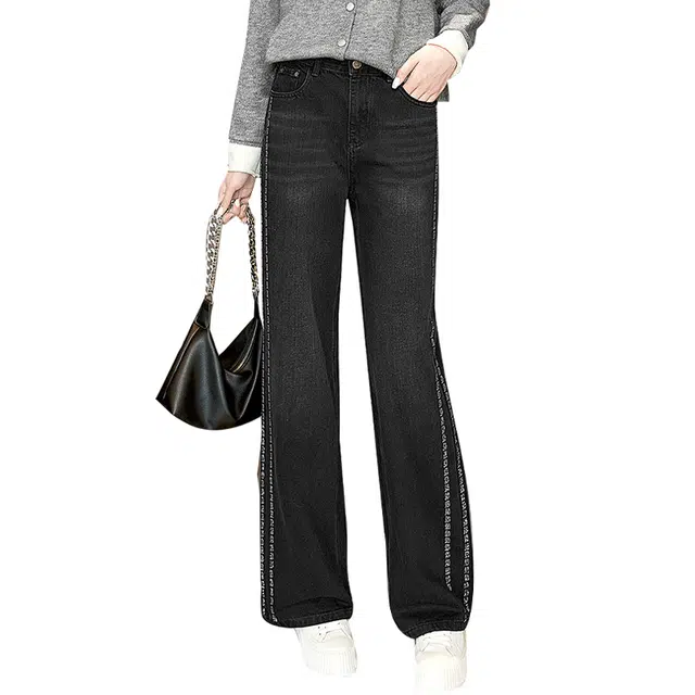她池 高腰宽松阔腿裤拉链简约舒适通勤牛仔裤 女款 黑色