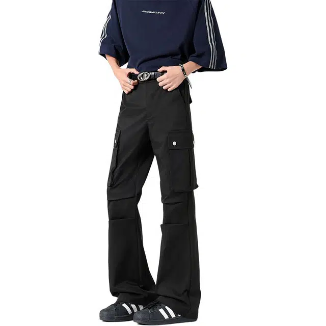 隐狼世家 褶皱时尚拼接美式微喇休闲工装裤 男款