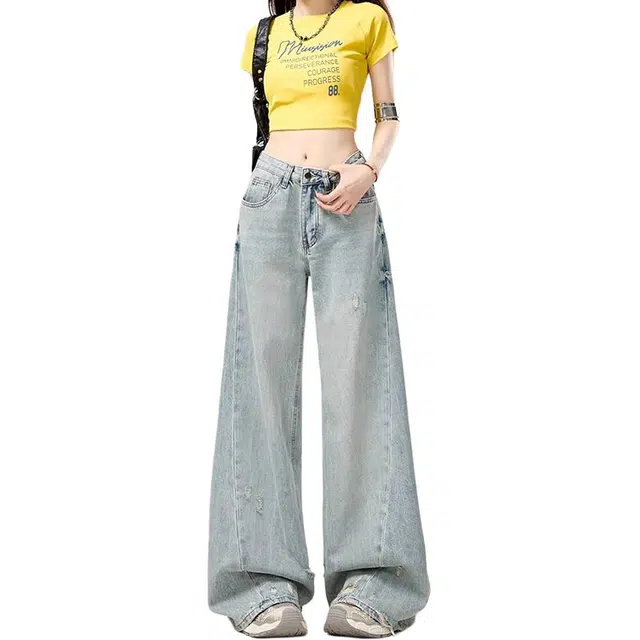如续 庸懒感中腰显瘦复古水洗破洞阔腿拖地牛仔裤 女款