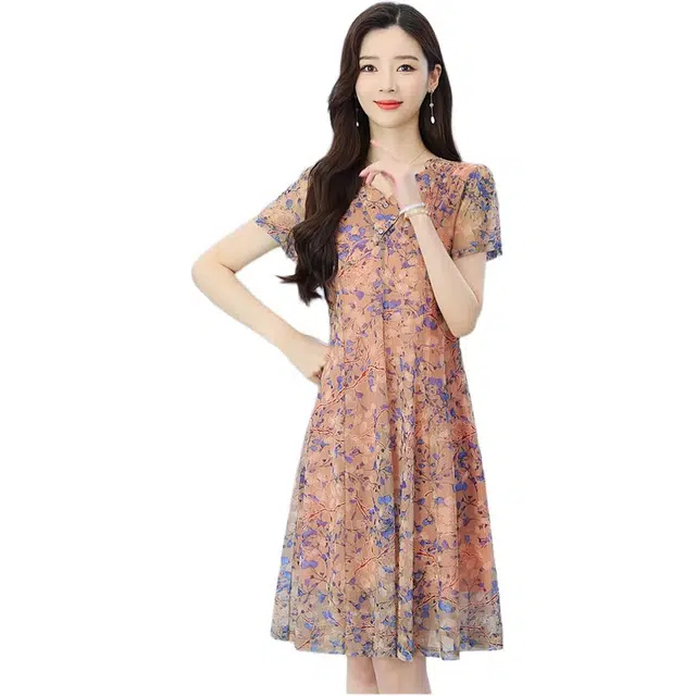 水中花 妈妈装洋气中老年气质雪纺裙子短袖连衣裙 女款