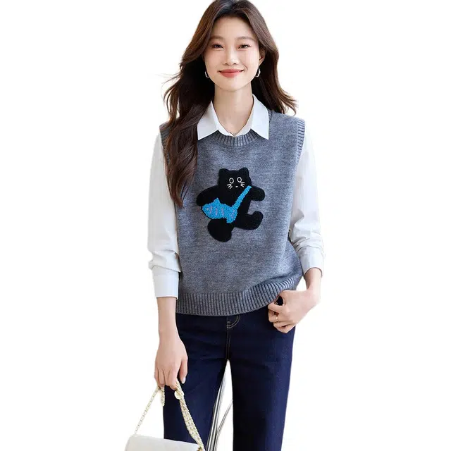 曲韩 卡通动漫圆领套头毛衣 女款 灰色