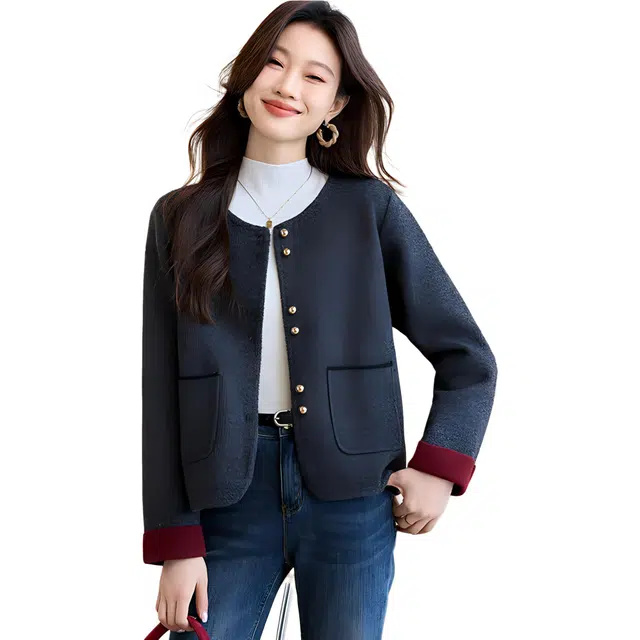 曲韩 宽松圆领短款夹克外套 女款 灰色