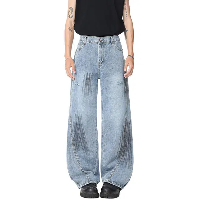 颂希尔 美式裤子高街潮牌水洗破洞牛仔裤街头阔腿裤休闲长裤 男女同款