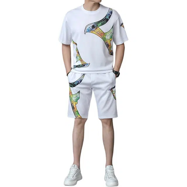 大白鲨 圆领冰丝薄款短袖舒适时尚百搭短裤休闲运动套装 男款