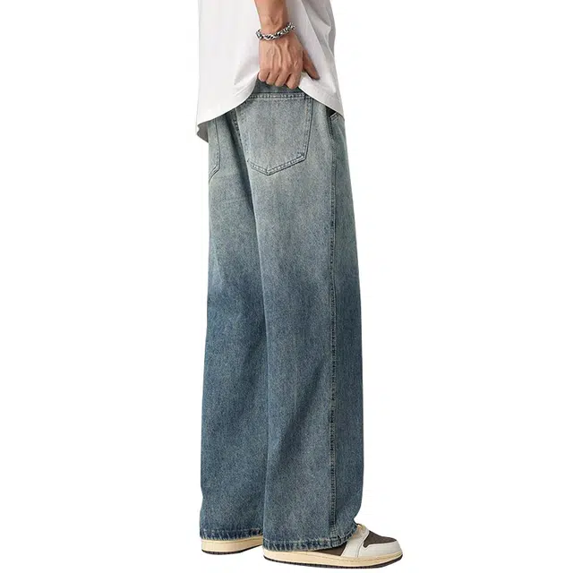 协协乐 渐变美式宽松直筒长裤牛仔裤 男款