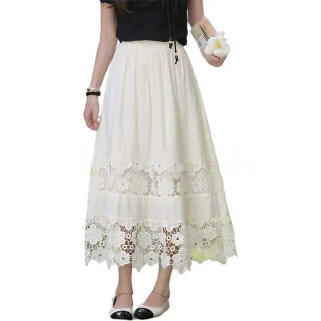 鹿向南 蕾丝拼接半身裙时尚纯色宽松百搭自然腰休闲长裙 女款