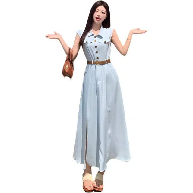水中花 法式翻领衬衫气质修身开叉长裙休闲气质轻奢简约无袖连衣裙 女款