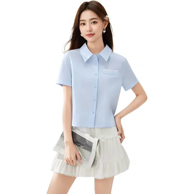 爱依服 通勤学院风简约纯色短袖翻领衬衫 女款