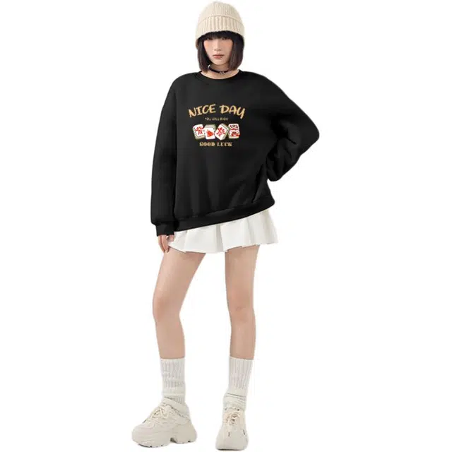 棉致 蛇年系列 麻将发财卡通小龙简约纯色加绒加厚羊羔绒舒适细腻宽松保暖休闲圆领长袖卫衣 男女同款