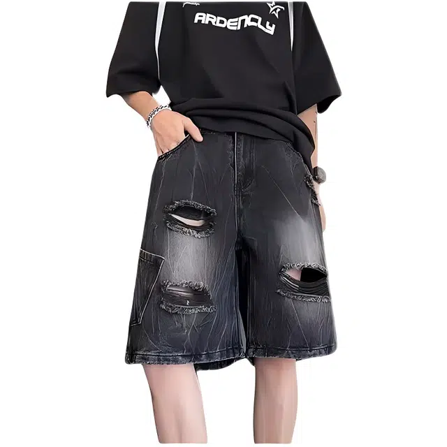 木木兔 直筒休闲百搭小众时尚设计感五分牛仔短裤 男款