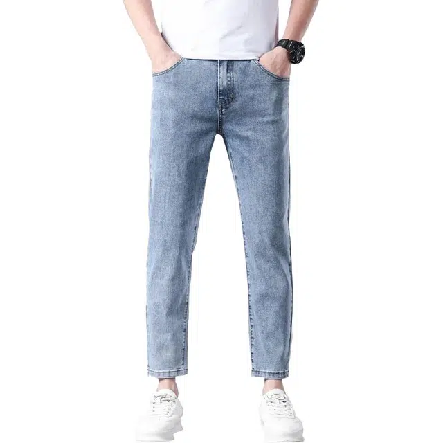 宝米卡 高级舒适百搭简约设计感合身直筒弹力九分牛仔裤 男女同款