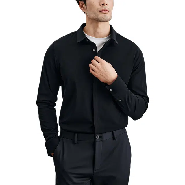 丹宁哲学 抗皱高密内里磨毛纯色长袖方领标准衬衫 男款