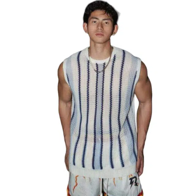 拓菲 美式条纹镂空针织网眼透视松弛感休闲工装线衣背心 男女同款