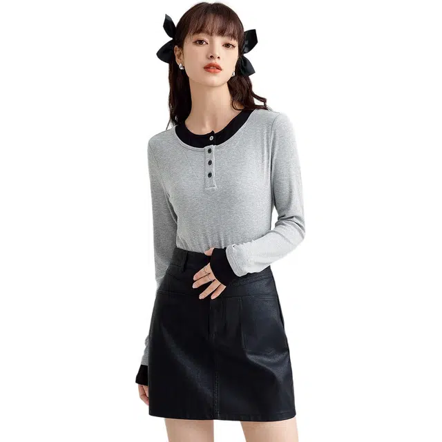 法文箱子 拼接拼色假两件长袖针织衫 女款