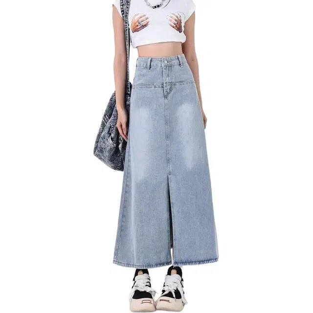 哒头下雨不愁 辣妹半身裙梨形显瘦复古高腰中长款开叉牛仔长裙 女款