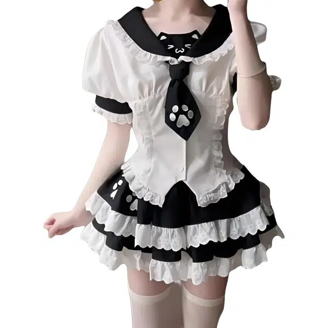 沐晓欣 学院风款少女感可爱海军领猫咪印花短袖上衣蕾丝花边半身裙两件套套装 女款