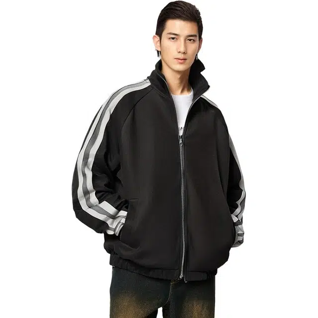 物质公式 基础款慵懒风高街简约纯色休闲运动保暖痞帅宽松百搭防风抗寒夹克外套 男女同款 黑色