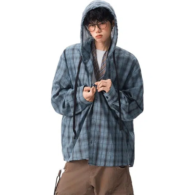 黑马漫画 美式格纹连帽慵懒风长袖 超轻防晒服 男女同款