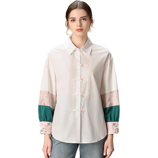 粉红玛琍 新中式宽松翻领长袖衬衫 女款 白色