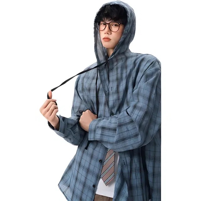 单爵 美式格子连帽慵懒风长袖衬衫 男女同款 海蓝色