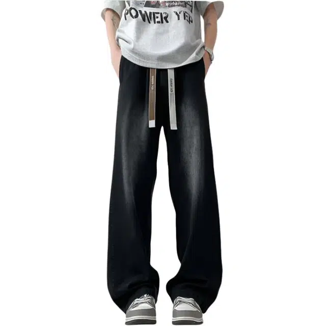 半空山 美式复古高街做旧宽松垂感拖地阔腿百搭系带水洗休闲牛仔裤 男女同款